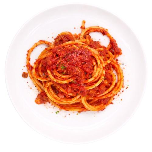 BUCATINI ALL AMATRICIANA WITH TOMATO SAUCE & DRIED MEAT GLATT KOSHER