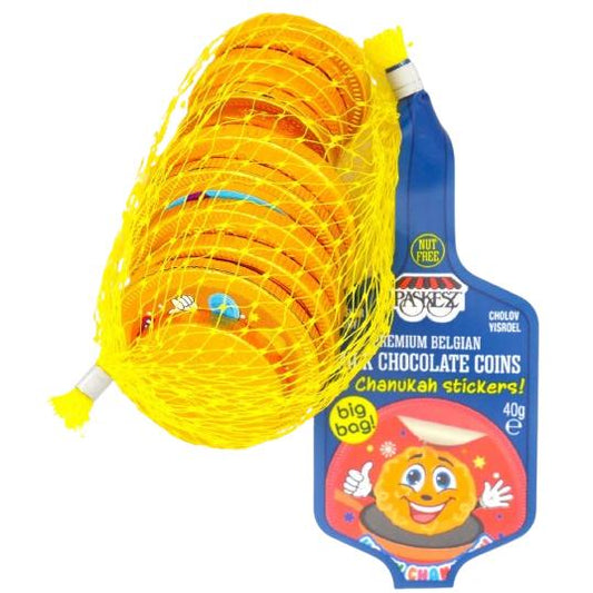 MILK CHOCOLATE COINS + 5 STICKERS 40 GR. PASKESZ – KOSHER CHANUKKAH GELT