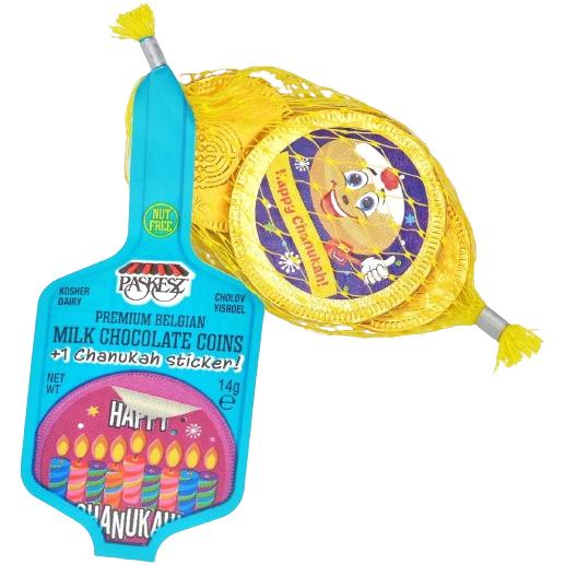 KOSHER  MILK CHOCOLATE COINS + 1 STICKER 14 GR. PASKESZ CHANUKKAH GELT