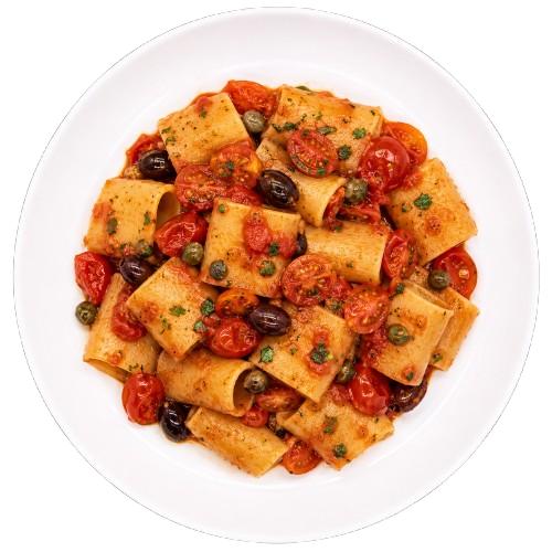 KOSHER PACCHERI WITH PACHINO TOMATOES, OLIVES AND CAPERS  READY MEAL