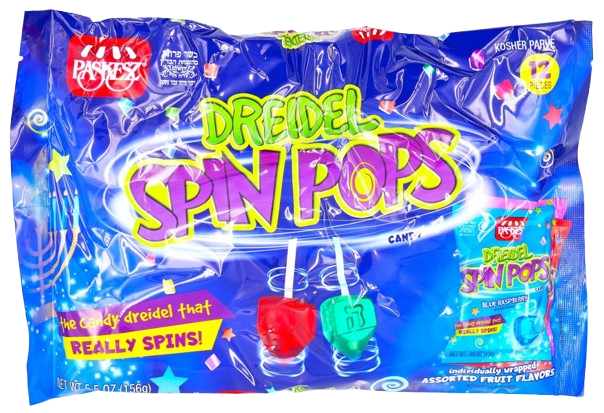 KOSHER ASSORTED FRUIT FLAVOR DREIDEL SPIN POPS PASKESZ 12 X 13 GR. 