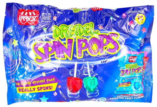KOSHER ASSORTED FRUIT FLAVOR DREIDEL SPIN POPS PASKESZ 12 X 13 GR. 