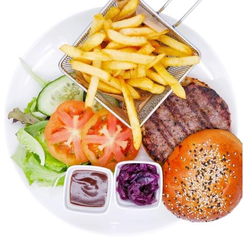 KOSHER BEEF BURGER WITH BBQ SAUCE AND FRENCH FRIES READY MEAL