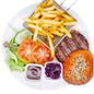 KOSHER BEEF BURGER WITH BBQ SAUCE AND FRENCH FRIES READY MEAL
