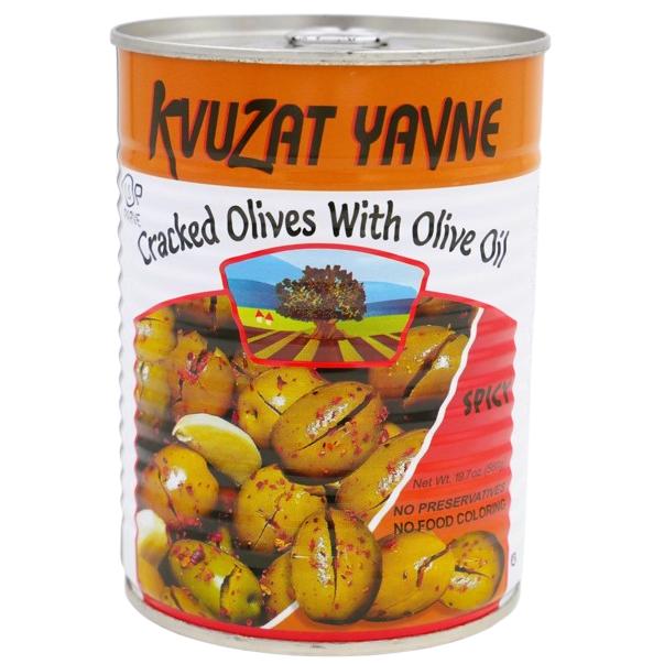 KOSHER SPICY CRACKED GREEN OLIVES WITH OLIVE OIL KY 560 GR.